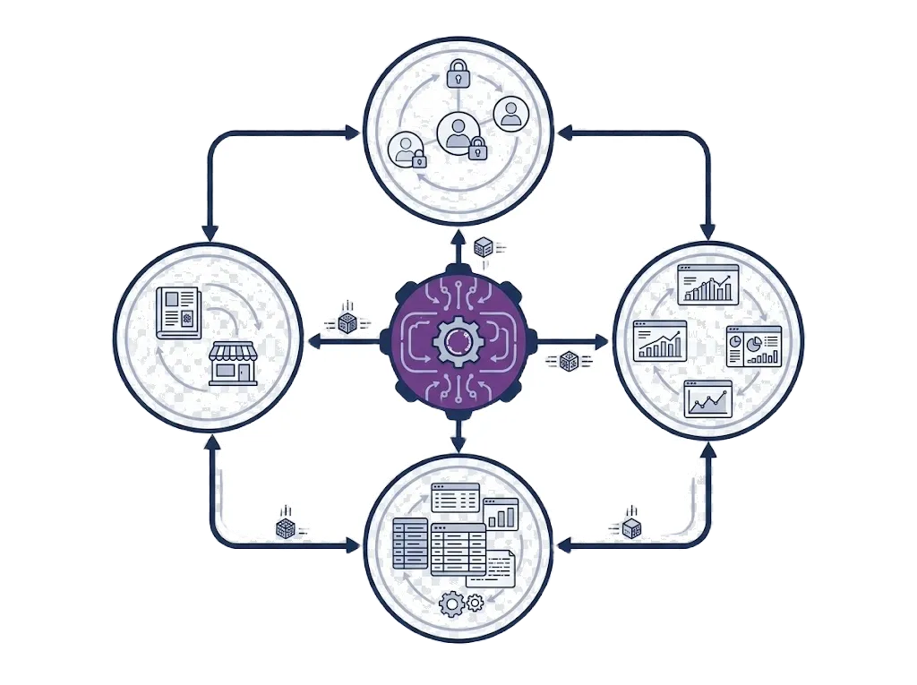 Illustration of users, merchants, reporting and order processes forming a closed loop around a central platform.